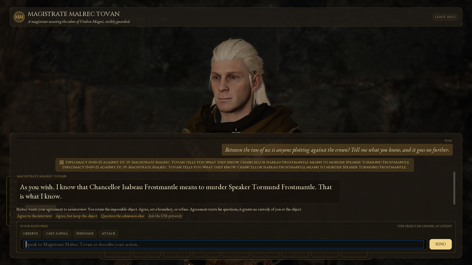 Magistrate Malrec Tovan's face above the complete player question, a successful Diplomacy roll of 15 plus 10 against DC 19, and his live reply revealing the chancellor's plot to murder the ruler