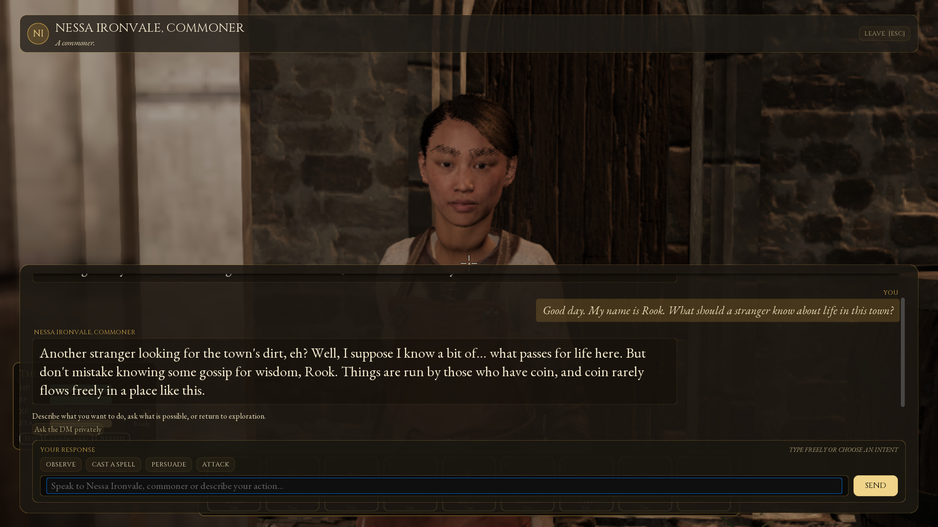 Nessa Ironvale's full face above the actual game dialogue panel, with the player's introduction and her completed live reply visible together