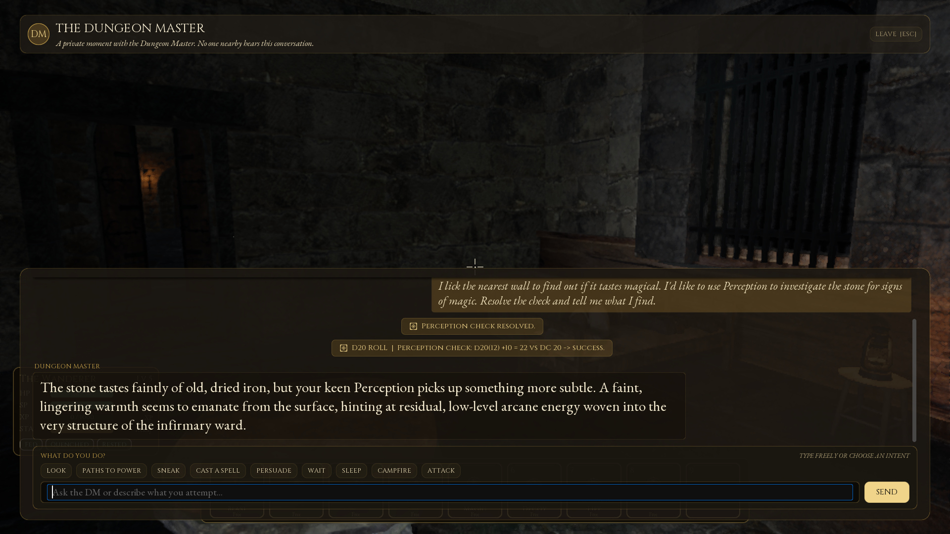 Full-HD actual Dungeon Master dialogue showing the complete wall-licking player request, a visible Perception roll of 12 plus 10 against DC 20, success, and the complete live narrated reply