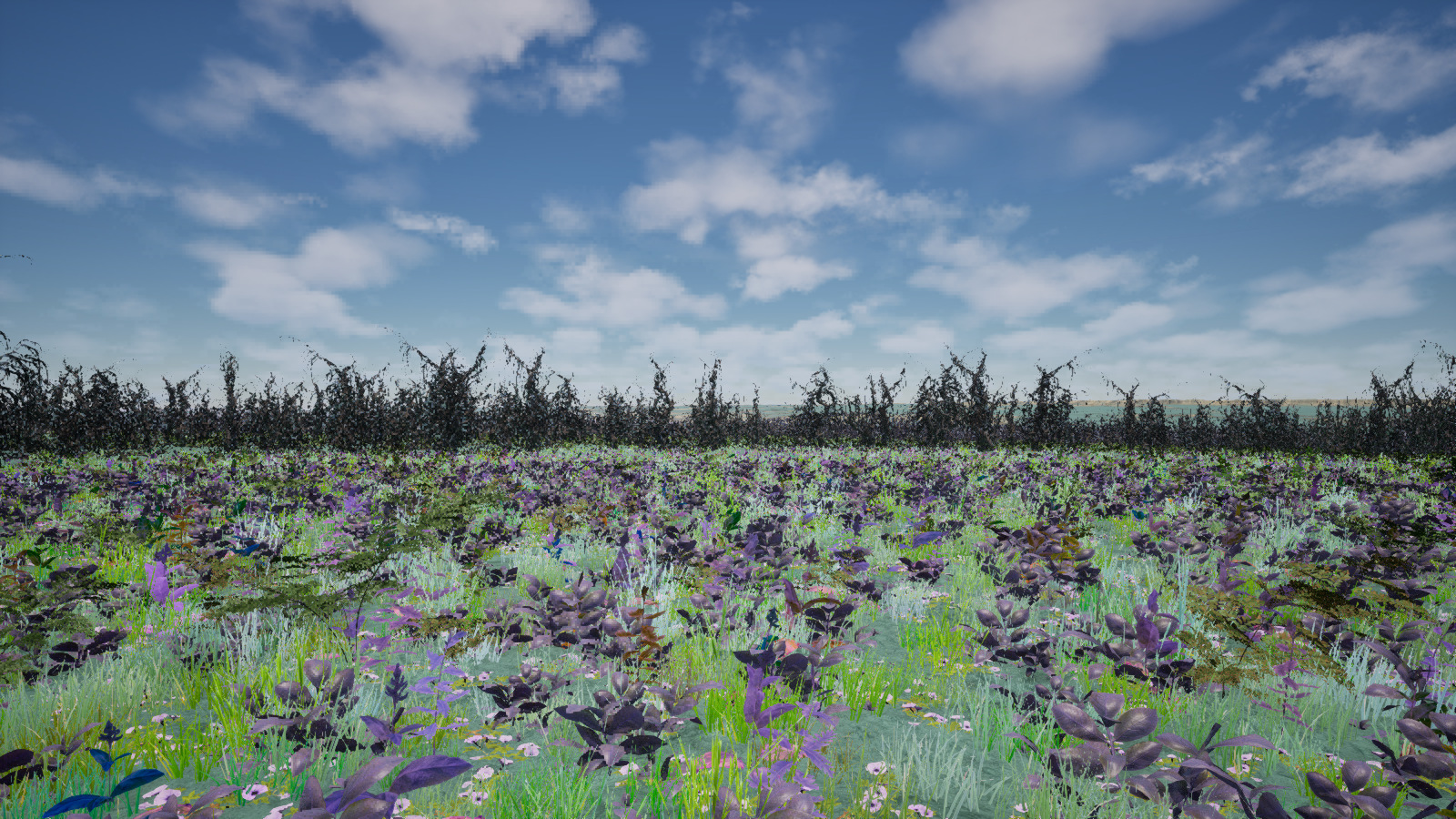 Violet foliage and bright green ground cover beneath tangled dark growth in the Inverted Groves