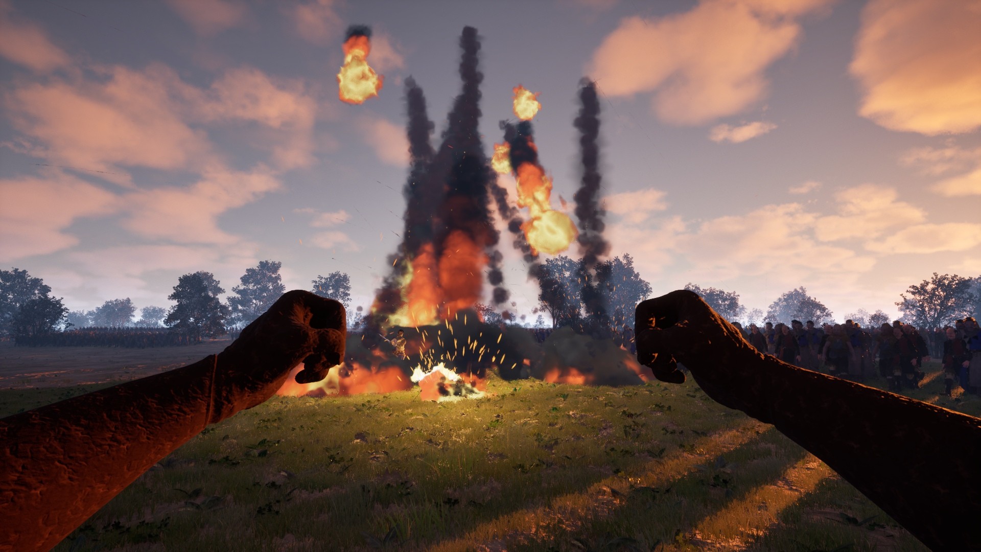 A first-person spell sends burning projectiles down onto a battlefield under an evening sky