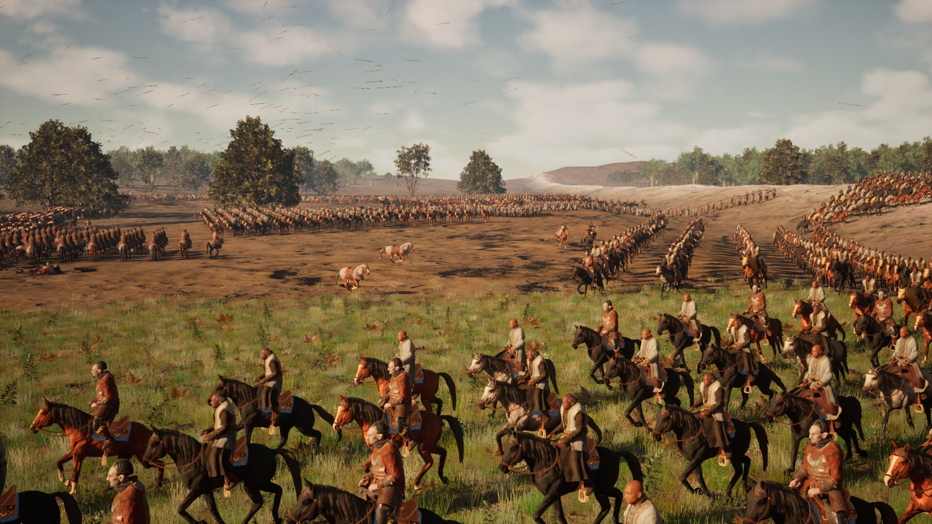 Mounted archers ride across a field with ranks of infantry beyond them.
