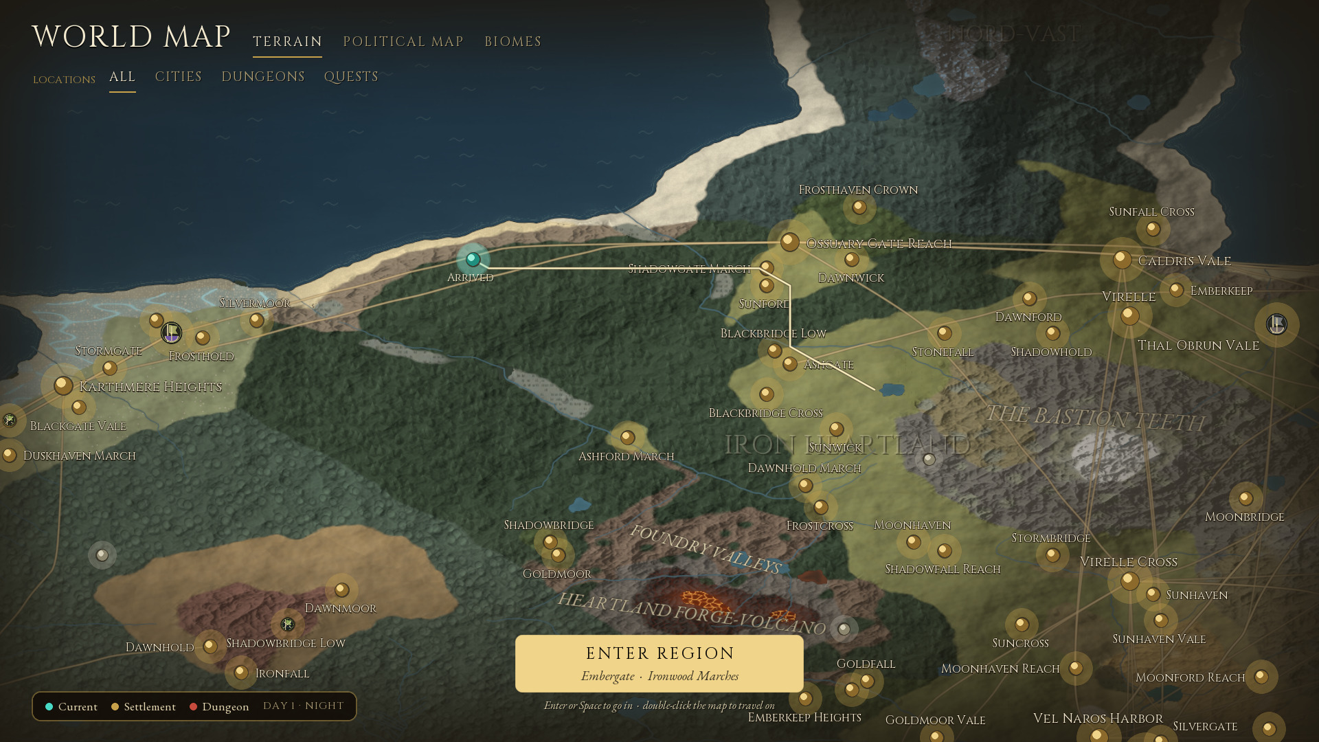The world map shows a completed journey, settlement markers, routes, and an Enter Region button.